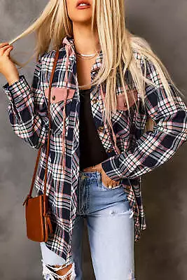 Buy Pink Contrast Hooded Plaid Shirt Jacket - Also Available In Blue Or Brown • 27£
