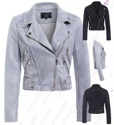 Buy Womens Faux Suede Biker Jacket Ladies Size 8 10 12 14 Black Grey New • 36.95£