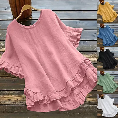 Buy Womens Ruffle Oversized Tunic Tops Ladies Lace Short Sleeve Baggy T Shirt Blouse • 3.59£