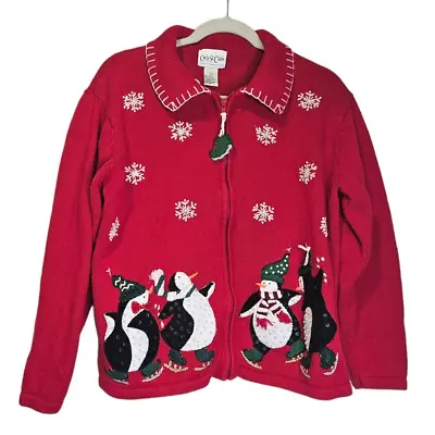 Buy Vintage 90s L Full Zip Tacky Holiday Christmas Sweater Cardigan Penguins Red • 24.67£