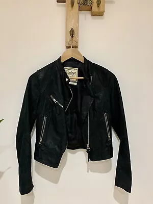 Buy Vintage New Look Black Genuine Textured Leather Suede Short Biker Zip Jacket 8 • 29.95£