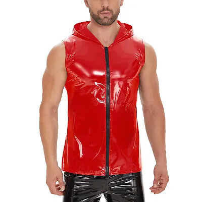 Buy Finish Leather Vest Shiny Hooded Lacquer Sleeveless Tank Men's Mirror • 28.99£