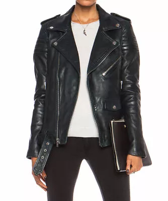 Buy Ladies Black Slim Fit Biker Lambskin Leather Moto Fashion Jacket Asymmetric Zip • 20.17£
