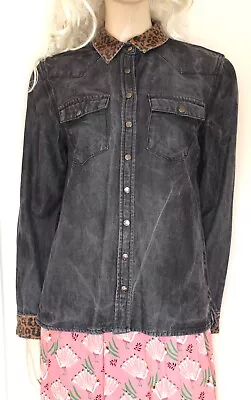 Buy Biba Hof Western Boho Dark Grey Lyocell Leopard Denim Jacket Size 12 70s Style • 34.99£
