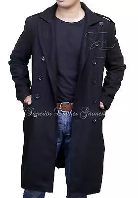 Buy Men's Pea Coat Casual Woolen Trench Coat - Double Breasted Black New Long Jacket • 87.50£
