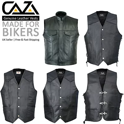 Buy Men's Genuine Leather Waistcoat Motorbike Motorcycle Club Style Biker Vest Black • 36.54£