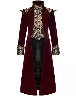 Buy Devil Fashion Mens Long Gothic Coat Jacket Red Velvet Black Gold Damask Regency • 124.99£