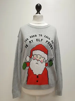 Buy X923 Womens H&m Divided Grey Santa Elf Theme Christmas Jumper Uk Size S 10 Eu 38 • 14.99£