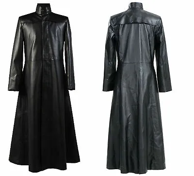Buy Neo Matrix Trench Coat Keanu Reeves Black Leather Trench Coat Gothic Jacket • 88.61£
