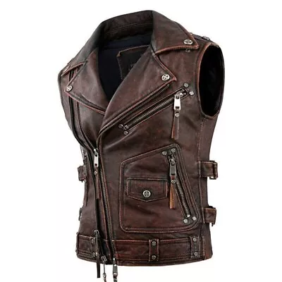 Buy Men's Vintage Brown Motorcycle Vest Men Genuine Cowhide Riding Sleeveless Jacket • 84.32£
