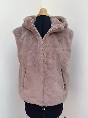 Buy Women Faux Fur Dusty Pink Hooded Gilet - Size XS • 10.99£