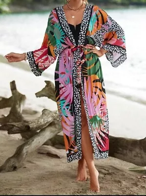 Buy Vibrant Animal Floral Longline Kimono Jacket BNWT Plus Size 16 18 20 Holiday • 29.99£