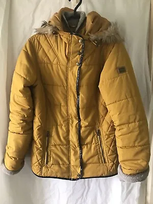 Buy Regatta Puffer Jacket Women’s UK Mustard Yellow Coat Hood Faux Fur Leather Trim • 20£