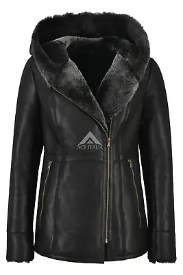 Buy Ladies Sheepskin Jacket Black B3 Flying Hooded 100% Natural Searling Jacket NV39 • 400£