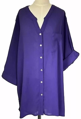 Buy Catherines 3X Button Tunic Blouse Purple Cotton Gauze 3/4 Roll Tab BOHO • 24.08£