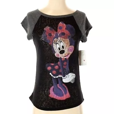 Buy DISNEY Womens T-Shirt SZ 3/5 Minnie Mouse Burnout Graphic Black Raglan • 14.06£