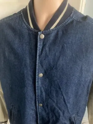 Buy Varsity Jacket Medium Blue Cotton Denim Cream  Sleeves Stray  Snap  Button • 14.50£