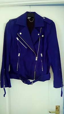 Buy Women's Topshop Blue Suede Biker Jacket With Silver Zips & Pockets Size 6 • 12.99£