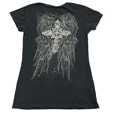 Buy Women's Small Shirt Emo Grunge Y2k Cyber Tribal Cross Wings Black • 47.20£