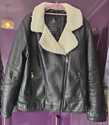 Buy Ladies Black Faux Leather Biker Jacket With Faux Sheepskin Collar, Primark 14 • 3£