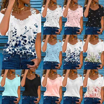 Buy Plus Size Womens Lace V Neck T Shirt Short Sleeve Tops Tee Ladies Summer  Blouse • 7.19£