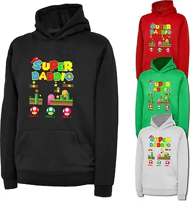 Buy Personalised Father's Day Super Daddio Mario Hoodie Kids Names Custom Hood Top • 22.99£