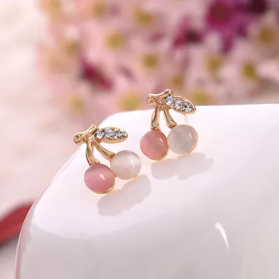 Buy Gold Plated Crystal Jewellery Pearl Cherry Fruit Shaped Stud Earrings Cute Gift • 3.50£