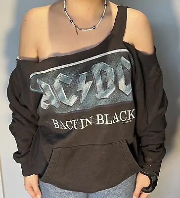 Buy Vintage 1996 AC/DC Back In Black Sweatshirt Thrashed Cut Off Graphic Medium • 36.95£