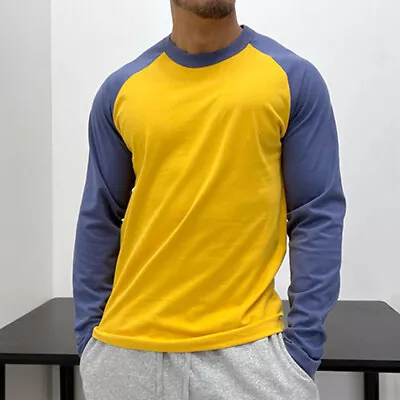 Buy Men's T Shirts Long Sleeve T-shirt Mens Crew Neck Work Fashion Color Block Tops • 12.49£