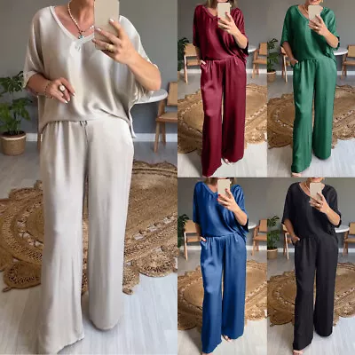 Buy NEW Womens Short Sleeve V Neck T Shirts Top+ Wide Legs Pants Trouser Sets Outfit • 19.09£