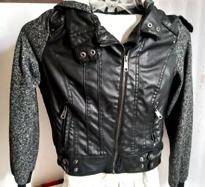 Buy Lady's Black NEW LOOK Faux Leather & Knit Zip-up Hooded Jacket Women's Sz. Sm. • 14.01£