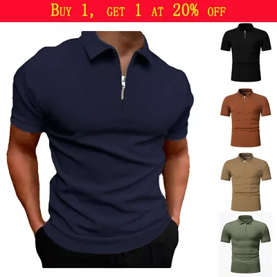 Buy Mens Casual Plain Slim Fit Tops Zip Neck Shirt Short Sleeve Polo Shirts T Shirt • 8.88£