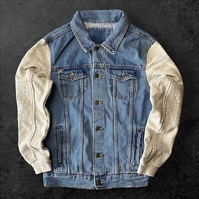 Buy Junior Boys Hooded Blue Button Up Denim Jacket With Grey Jersey Sleeves Youth • 4.40£