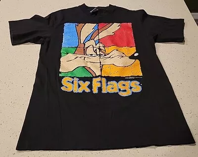 Buy Vintage 1996 Six Flags Looney Tunes Wile E Coyote Adult Shirt Medium Black • 18.89£