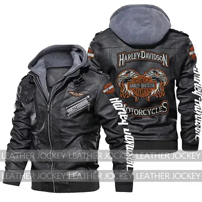 Buy Men’s Motorcycle Genuine Cowhide Harley-Davidson Leather Removable Hoodie Jacket • 120£