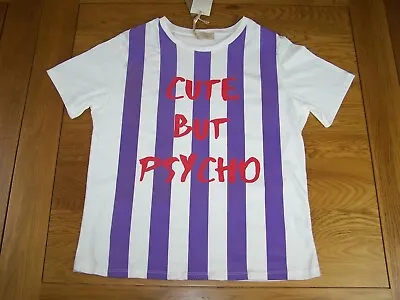 Buy Cute But Psycho Striped Cotton Womens Slogan T-Shirt BNWT Made In Italy • 15.49£
