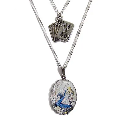 Buy ALICE In WONDERLAND Playing Cards Necklace Silver Charm Cheshire Cat Tea Cup • 24.99£