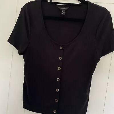 Buy UK Size 14 New Look Black Ribbed Short Sleeve Top With Buttons Down Front • 3£