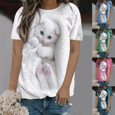 Buy Plus Size Womens Cat Printed Short Sleeve Casual Tops Shirts Blouse Tee Summer • 13.07£