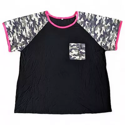 Buy Women's T-shirt Black Raglan Camo Short Sleeve Pink Trim Round Neck 3XL Stretch • 14.21£