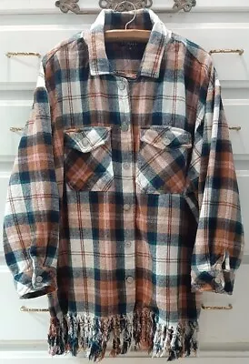Buy Thrill Jeans 1X Flannel Shacket Cotton Plaid Button Down Frayed Fringe Pkts Boho • 30.71£