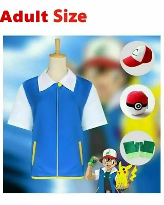 Buy Adult Pokemon Ash Ketchum Trainer Costume Cosplay Shirt Jacket + Gloves + Hat UK • 8.39£