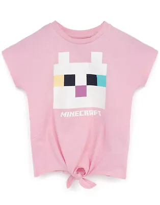 Buy Minecraft Girls T-Shirt | Kitty Front Tie Pink Gamer Tee For Kids • 10.99£