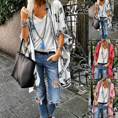 Buy Women Holiday Beach Boho Floral Cardigan Bell Sleeve Kimono Summer Cover Up Tops • 11.69£