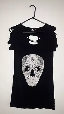 Buy Banned Apparel Lexie Lace Skull Black Gothic Back Slashed Stretch Top T-Shirt(M) • 11.99£