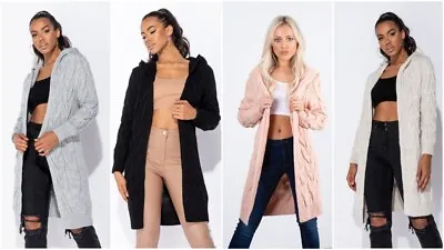 Buy Ladies Chunky Cable Knitted Oversized Women Longline Hooded Cape Long Cardigan • 17.99£