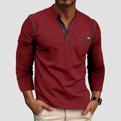 Buy Men Casual Long Sleeve T-shirt Henley Grandad V Neck Button Solid Tee Shirt Tops • 16.99£