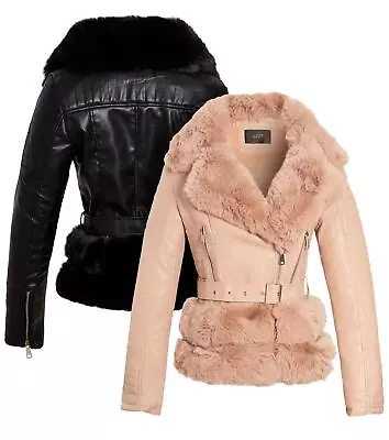 Buy Womens Faux Leather Biker Jacket Black PU Faux Fur Coat Size 8 10 12 14 New • 47.95£
