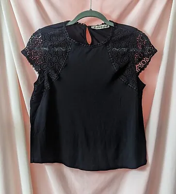 Buy FLT STUDIO Black Lace Crochet Short Sleeve Top Petite Small Goth Office Boho EUC • 8.69£