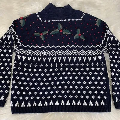 Buy Dressbarn Women’s Sweater Navy Blue Fair Isle Christmas Holiday Holly Berries S • 28.93£